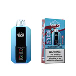 A blue disposable vape device labeled "Bang" with a black panel showing battery level indicators, next to its packaging that reads "Blueberry Ice" and a warning about nicotine.