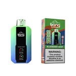A colorful disposable vape device labeled "Bang" featuring a double mesh design, with a green to blue gradient body and digital battery indicators, displayed next to its packaging showing "Blueberry Mint" flavor and a warning about nicotine.