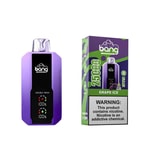 A purple disposable vape device labeled "Bang" alongside its packaging, which displays the flavor "Grape Ice", and includes a warning about nicotine. The device features indicators for battery life and puff count.