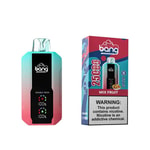 A disposable vape device with a colorful gradient design and a box labeled "Mix Fruit" stating it provides 25 puffs and contains nicotine.