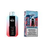 A disposable vape device with a gradient red and blue design is displayed next to its packaging, which is labeled "Strawberry Ice" and indicates a capacity of 25 puffs. The device has a digital display showing battery levels and a warning about nicotine.