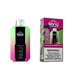 A disposable vape device with a gradient green to pink design, featuring a black front with dual indicator lights. Next to it is a box labeled "Watermelon Bubble Gum" that highlights the product's features, including "25 Puffs" and a warning about nicotine.
