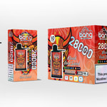 大胆な赤い悪魔のような顔のイラストを特徴とする使い捨て電子タバコ製品のパッケージには、「Blood And Sand」とラベルが付けられ、2800 パフ、メッシュコイル、充電式バッテリー、ニコチンの警告に関する詳細が記載されています。.