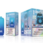 Vape packaging featuring a blue pod labeled "Bang King," promising 25,000 puffs with a flavor called "Blue Razz Ice." The box includes warning labels about nicotine addiction and product details.