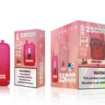 A pink vape device and packaging labeled "Bang King" prominently displaying "25,000 PUFFS" and "CHERRY BOMB," with a warning about nicotine. The device features a design with a gorilla wearing sunglasses.