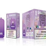 A purple vape device labeled "Bang King" is shown alongside its packaging. The packaging highlights "25000 PUFFS", details about dual mesh coils, and flavor information indicating "Grape Ice". A warning label about nicotine is prominently displayed.