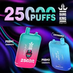 An advertisement for Bang King vapes, showcasing two vape pods with a total of 250,000 puffs. The first pod features a colorful design and a playful depiction of a monkey, labeled as "POD#1" with "12500 PUFFS". The second pod is labeled "POD#2" and indicates "BLUE RAZZ ICE" with a similar puff count. The background has a gradient of purple and black with the brand's logo at the top.