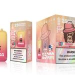 A yellow and pink vape device labeled "Bang King" with a cartoon gorilla wearing a pink hat, alongside its packaging which states "25000 PUFFS" and "Juicy Peach Ice". A warning label about nicotine is prominently displayed.