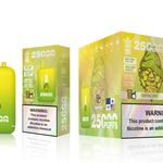 A yellow vaping device labeled "Bang King" with a tropical fruit flavor, displayed beside its box featuring similar branding and a warning about nicotine. The box mentions it offers 25,000 puffs and includes details about dual pods and mesh coils.