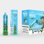 Envase para vapeo desechable Blueberry Ice que presenta un personaje zombie de dibujos animados de color verde, la marca del producto y una etiqueta de advertencia de nicotina.