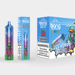 Envase colorido de un producto de vapeo desechable con la marca "Vape with a Bang", etiquetado con sabor "Blueberry Raspberry", que muestra un gráfico de esqueleto en ropa de calle y "20 inhalaciones" en un lugar destacado.