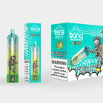 Envase desechable para vapeo Kiwi Passion Fruit Pomegranate que presenta un diseño colorido con un personaje zombie, una etiqueta de advertencia del producto y el texto “20 inhalaciones”.
