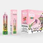 Envase rosa de un producto de vapeo desechable con la etiqueta "Peach Ice", con la marca "Vape with a Bang", una ilustración de un personaje parecido a un duende y "20 caladas" en un lugar destacado.
