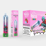Envase colorido para el vaporizador desechable Bang con sabor "Strawberry Ice", que muestra un dispositivo de vaporización, gráficos de frutas y una etiqueta de advertencia sobre la adicción a la nicotina.