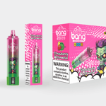 Envase rosa para un vaporizador desechable de fresa y sandía con un diseño de zombie de dibujos animados, un dispositivo de vaporización y etiquetas de advertencia sobre la adicción a la nicotina.