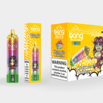 Colorido empaque de producto para vapear para "Bang Blaze" con sabor a "Watermelon Bubblegum", con un personaje de duende de dibujos animados pelirrojo y verde, etiquetas de advertencia sobre la adicción a la nicotina y una mención de "20 inhalaciones"."