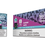 Packaging displaying a disposable vape product labeled "Bang Tornado" in the flavor "Blueberry Grapes." The box features vibrant colors, a graphic of the vape device, a warning about nicotine, and specifications including volume, battery capacity, and puff count.