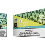 A package and product design for Bang Tornado disposable vape, featuring a blue and green color scheme, with a bottle displaying "Bang Tornado" branding, alongside a box labeled "Blueberry Lemon" and warning text about nicotine addiction.