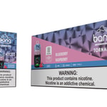 Bang Tornado disposable vape packaging and device for the Blueberry Raspberry flavor, featuring a digital display, prominent warning labels about nicotine, and highlighted features such as 40ml volume and 40,000 puffs.