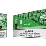 Bang Tornado Double Apple disposable vape device and its green packaging, showing 40,000 puffs, a digital display, nicotine warning labels, and images of apples.