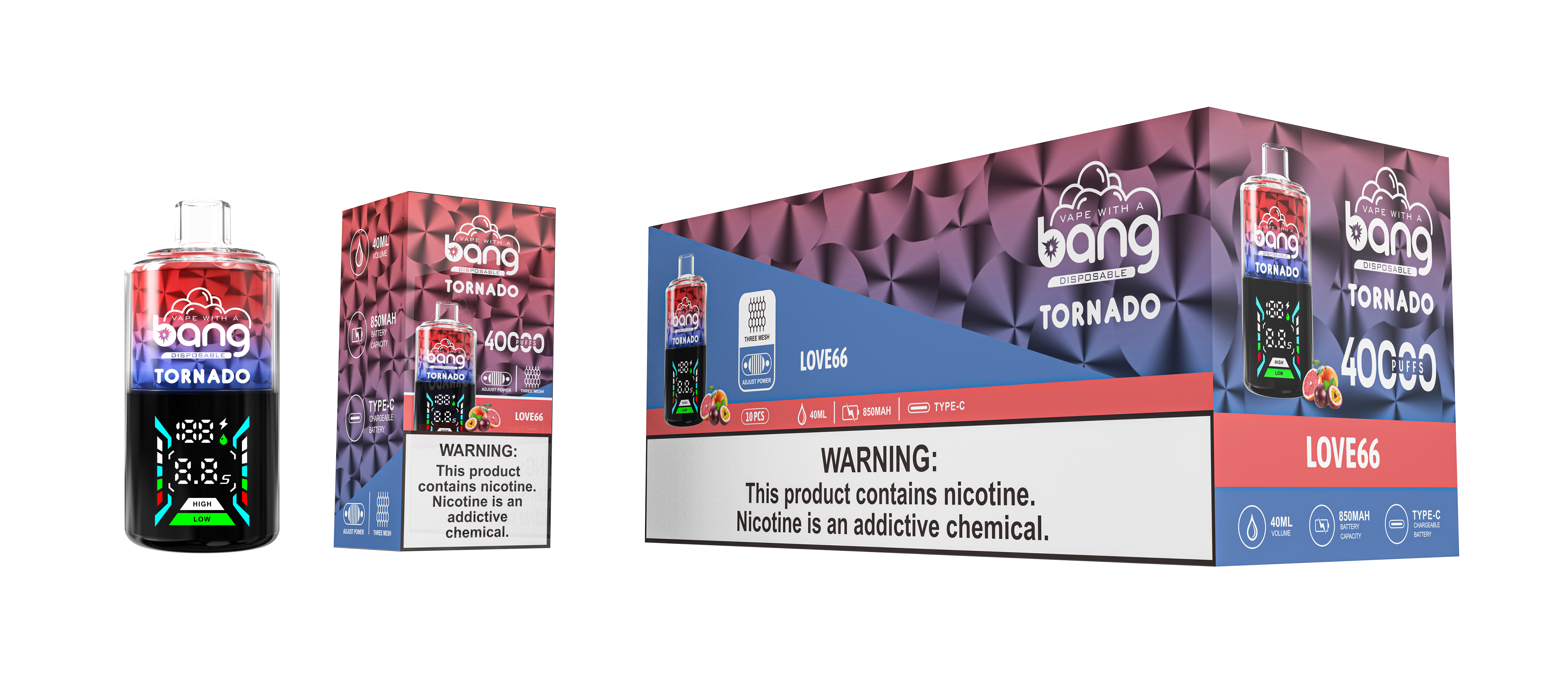 Bang Tornado disposable vape device and its packaging in the LOVE66 flavor, with bold branding and a warning label stating the product contains nicotine.