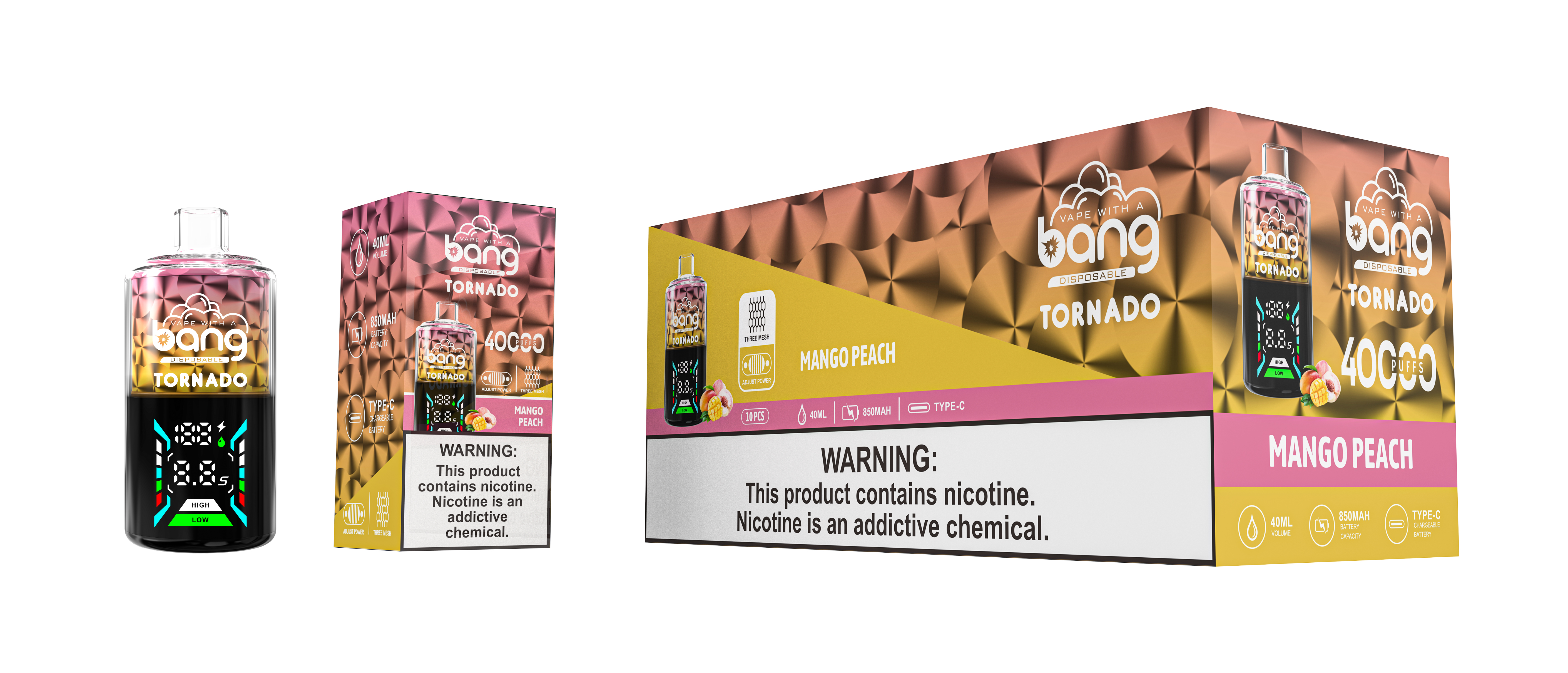 Bang Tornado disposable vape device and packaging in mango peach flavor, featuring prominent branding, product image, and nicotine warning label.