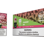 Bang Tornado disposable vape in strawberry kiwi flavor, shown with individual device, product box, and retail display packaging featuring colorful designs, key specifications, and nicotine warning labels.