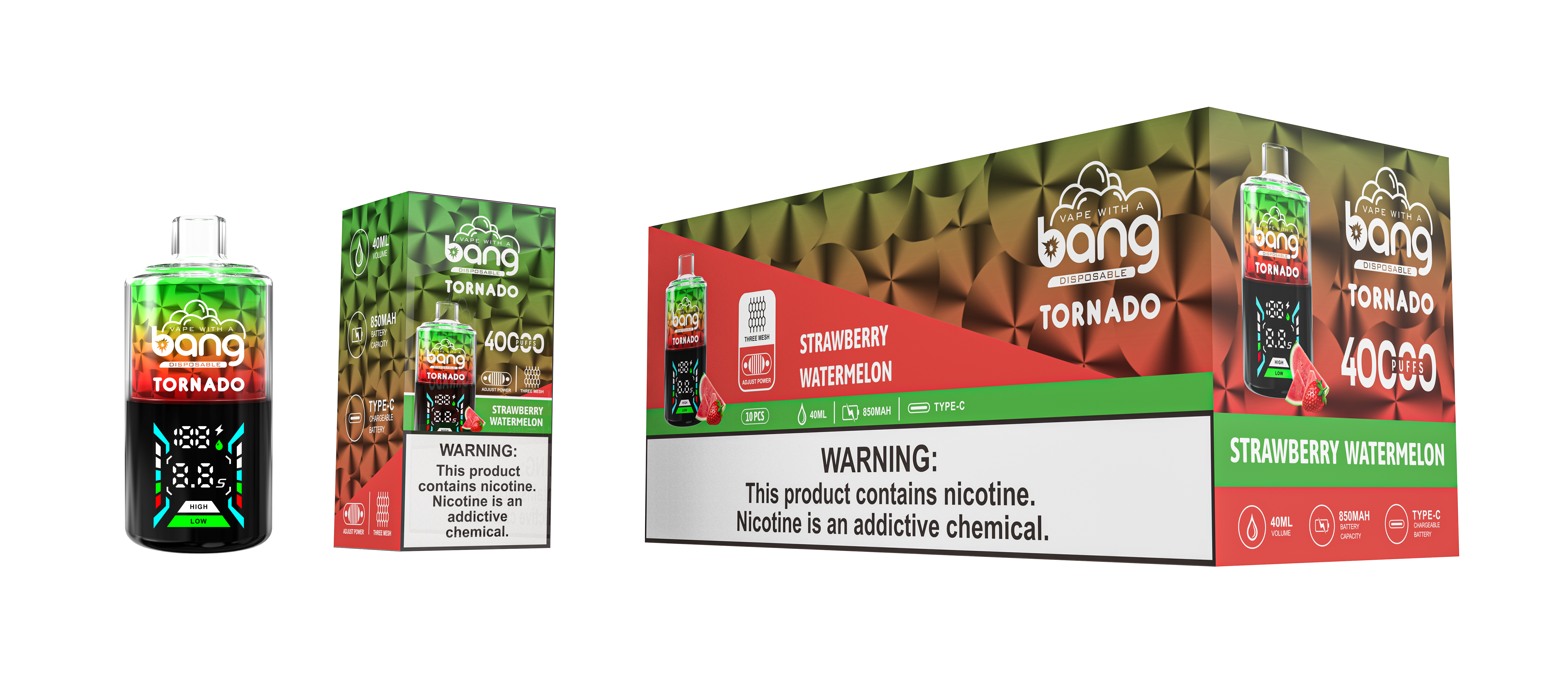 Bang Tornado disposable vape in strawberry watermelon flavor, shown as a single device, a product box, and a larger shipping box, all with bold branding, a 40,000 puffs label, and a nicotine warning.