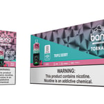 Packaging and device of Bang Disposable Tornado Triple Berry vape product featuring 40ml volume, 850mAh battery, type-C charging, and a warning that the product contains nicotine and is addictive.