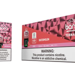 Bang Tornado disposable vape packaging in watermelon flavor, featuring a pink geometric background, images of the vape device, watermelon slices, and clear warnings about nicotine content.