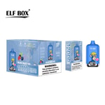 A blue box labeled "ELF BOX" contains a vape product named "BLUE RAZZ ICE" with a graphic of a cartoon monkey. The box states it offers "12000 PUFFS" and includes a warning about nicotine. Next to it is a single blue vape device featuring the same cartoon monkey design.