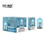 A product box and vape device labeled "ELF BOX" featuring "Blueberry Sour Raspberry" flavor with a cartoon monkey illustration, indicating a capacity of 12,000 puffs and a warning about nicotine.