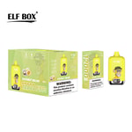 A vibrant yellow box and vape device labeled "ELF BOX" featuring "Coconut Melon" flavor, with text indicating "12000 PUFFS" and a warning about nicotine being an addictive chemical. The packaging includes an illustration of a monkey wearing a hat.