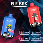 A blue and a red vape device are displayed against a colorful abstract background. The blue device features a cartoon monkey with a yellow hat and a bubblegum bubble, while the red device shows a different monkey wearing a fedora. Both devices have the "ELF BOX" logo and specifications including battery size, mesh coil, liquid capacity, and USB Type-C charging.