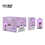 A purple box labeled "ELF BOX" containing an e-cigarette device and a warning about nicotine addiction, featuring illustrations of mixed fruit and a cartoon monkey wearing a hat. The box states "12000 PUFFS" prominently.