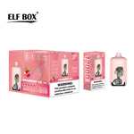 A graphic depicting an "ELF BOX" vaping product with a design featuring a cartoonish character and strawberries, accompanied by boxes labeled "STRAWBERRY ICE" and "12000 PUFFS," with a warning about nicotine addiction.