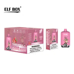 Packaging for a vaping product, featuring a pink box labeled "ELF BOX" with "STRAWBERRY WATERMELON" and "12000 PUFFS". An illustration of a cartoon rabbit is present, along with a warning about nicotine. A separate smaller box and vape device are also shown.
