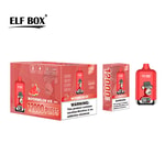 A red box labeled "ELF BOX" featuring a design for "WATERMELON ICE" disposable vapes, indicating "12000 PUFFS" and containing a warning about nicotine. Next to the box is a vape device with a similar red design and a cartoon monkey illustration.
