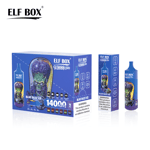 A box of ELF BOX vape devices labeled "BLUE RAZZ ICE" with a colorful graphic of a skull and 14000 puffs noted on the packaging, alongside a single vape device in a matching color scheme.