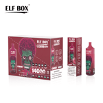 A box of ELF BOX branded vaping products featuring a design with a green skull and pink brain, labeled "Cherry Soda" and indicating "14000 puffs." The box is accompanied by a single vape device with similar design elements.