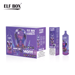 A product display featuring the "Elf Box 14000 pro" vape kit, with two vape devices and a box packaging labeled "Grape Ice." The box notes a total of 14,000 puffs and includes a warning about nicotine being an addictive chemical. The design features a colorful, stylized graphic on both the box and devices.