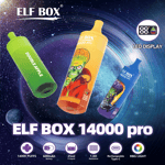 Three colorful vape devices are displayed against a cosmic background. The left device is a green "Double Apple" vape, the center device is orange featuring an alien design, and the right device is blue. Below the devices, details highlight the product name "ELF BOX 14000 pro," features like "14000 PUFFS," "600mAh Battery," "25ml E-Liquid," "1.0Ω Resistance," "Rechargeable Type-C," and "RBG LIGHT." An LED display icon is also present.