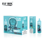 A box of ELF BOX brand vaping products labeled "14000 pro Mint Ice," featuring a design with an illustrated blue skull with brain details. The box contains 10 pieces and includes a warning about nicotine. A single vape device is displayed beside the box.