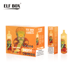 Packaging for ELF BOX vape products featuring a cartoonish green-skinned character with glasses and orange hair, alongside a box indicating "Peach Mango" flavor and details about puffs per device.