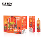 A colorful box labeled "ELF BOX" containing "14000 puffs" and a design featuring a skull with a brain pattern. Next to it, there is a single vaping device with a similar skull design. Both items are themed with orange and red colors, labeled "RED BULL," and include a warning about nicotine.