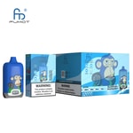 Blaues Fumot-Vape-Gerät und Verpackung mit Cartoon-Affenillustration, beschriftet mit der Geschmacksrichtung 'Blueberry Raspberry' und einem Nikotinhinweis.