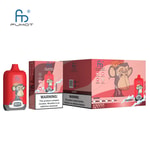 Fumot Digital Box Einweg-Vape-Verpackung mit Kirschgeschmack, 12.000 Zügen Kapazität und den Nikotinoptionen 0%, 2%, 3% und 5%, mit Affen-Design und Nikotin-Warnhinweis.