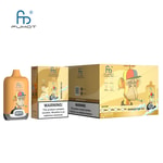 Ein Einweg-Vape-Produkt mit einem orangefarbenen Design mit der Aufschrift "Fumot Digital Box" und einer Comic-Affengrafik, einer Verpackung mit der Hervorhebung der Geschmacksrichtung "Mango on Ice", 12.000 Zügen und Nikotinwarnungen.