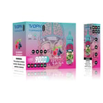 Packaging design for VOPK Tornado 9000 puffs blueberry raspberry flavor with skull artwork, nicotine options (0%, 2%, 3%, 5%), and product warning label.