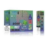 Packaging of VOPK Tornado 9000 Cool Mint disposable vape, featuring a skull with a brain design, mint leaves, nicotine options (0%, 1%, 2%, 3%, 5%), 9000 puffs, and a warning label about nicotine being addictive.